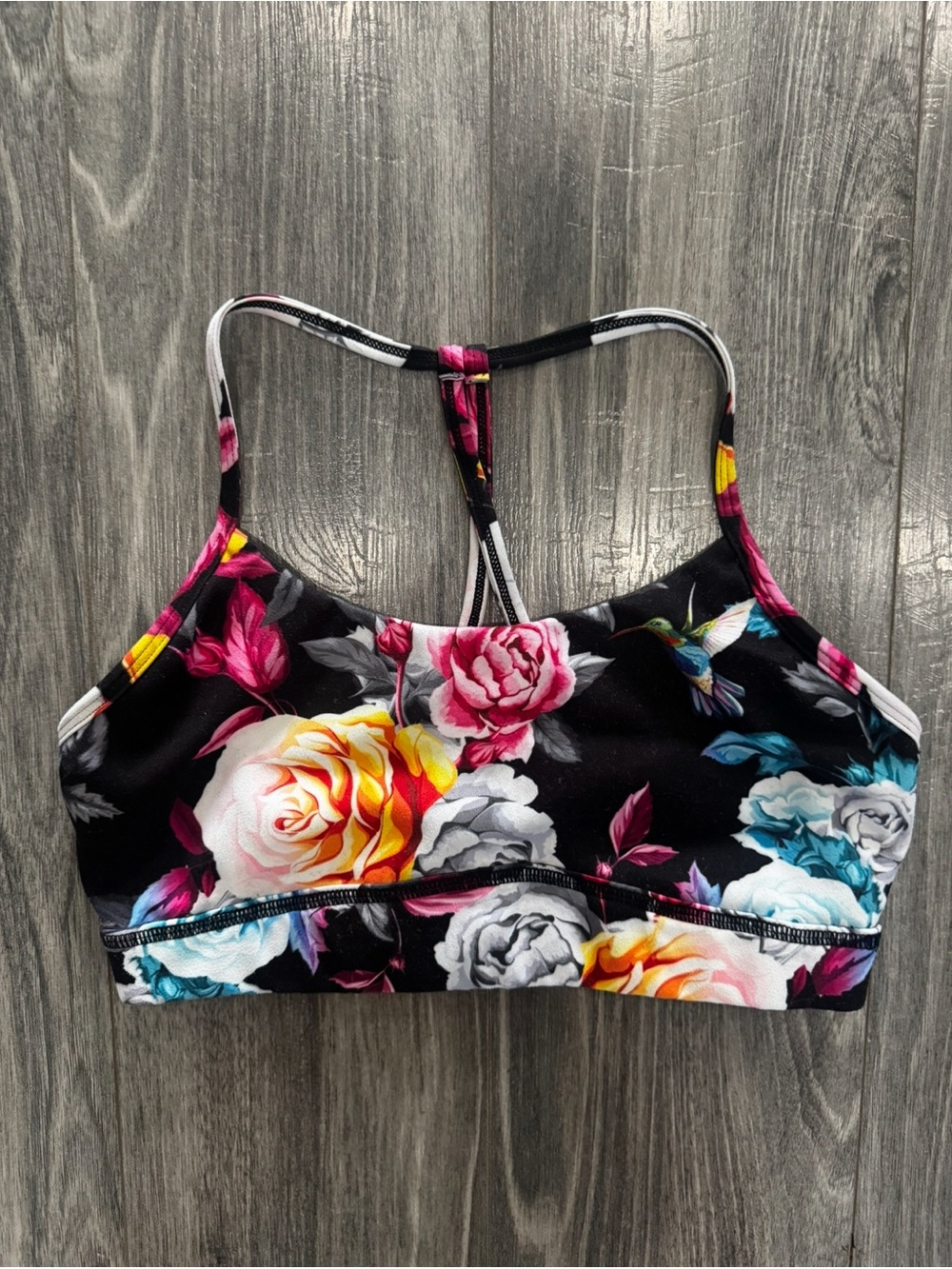 ZYIA Active Floral Hummingbird Sports Bra Medium Black Crossback Rose Print